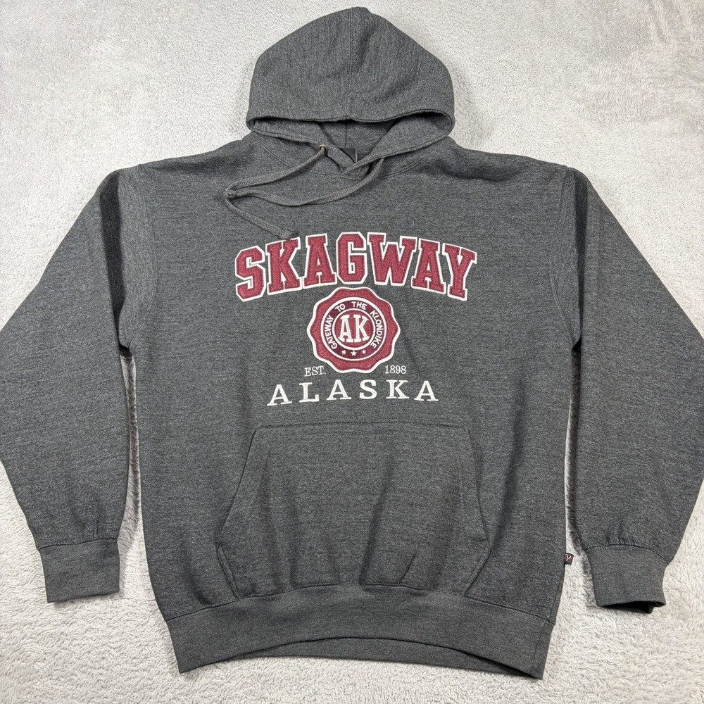 Skagway Alaska Destination Hoodie Large Embroidered Gray Burgundy Spell Out